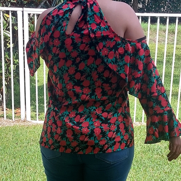 Floral Print Ruffle Cold Shoulder Blouse Green Size L - Picture 4 of 14